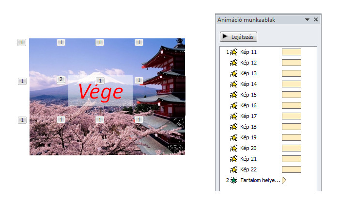 A képen a kész 5. diakocka animáció munkaablaka látszik