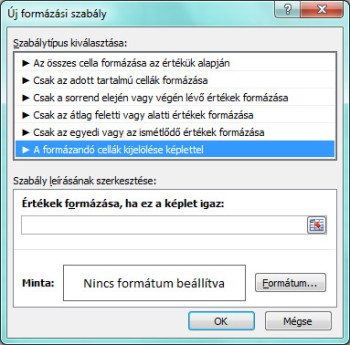 Új formázási szabály megadásának ablaka.