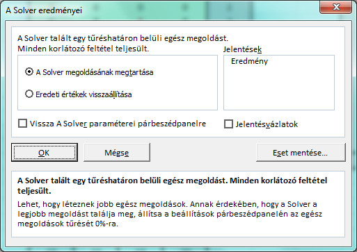 "A Solver eredményei" ablak.