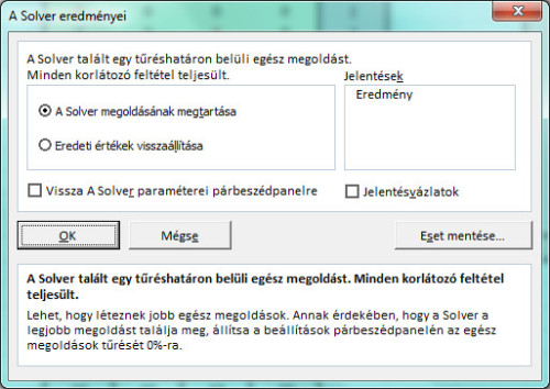 "A Solver eredményei" ablak.