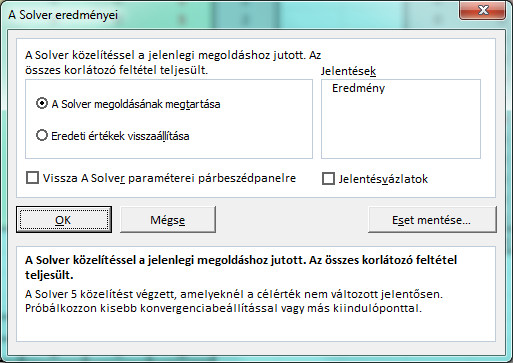 "A Solver eredményei" ablak.