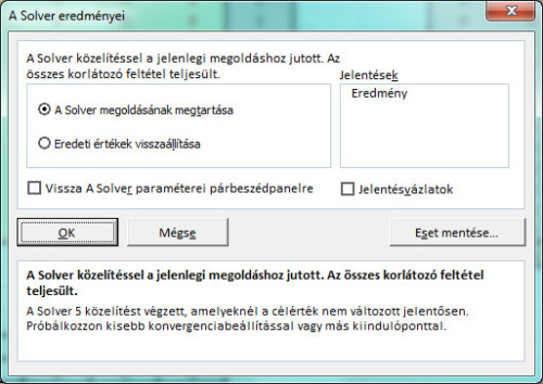 "A Solver eredményei" ablak.