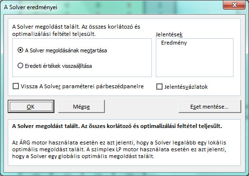 "A Solver eredményei" ablak.