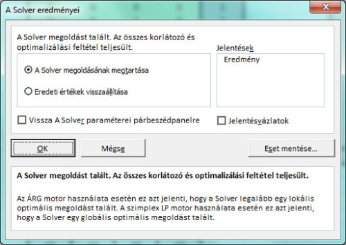 "A Solver eredményei" ablak.